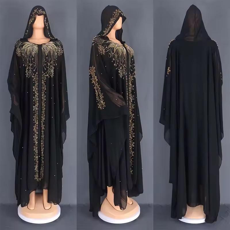Abaya noire élégante brodée avec capuche – Style luxe oriental – mbn gongoma