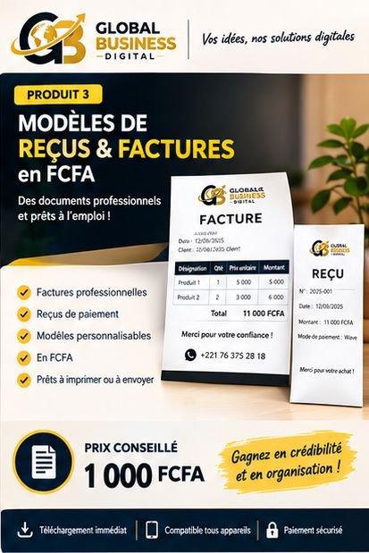 🧾 Pack Reçus & Facture – GLOBAL BUSINESS DIGITAL